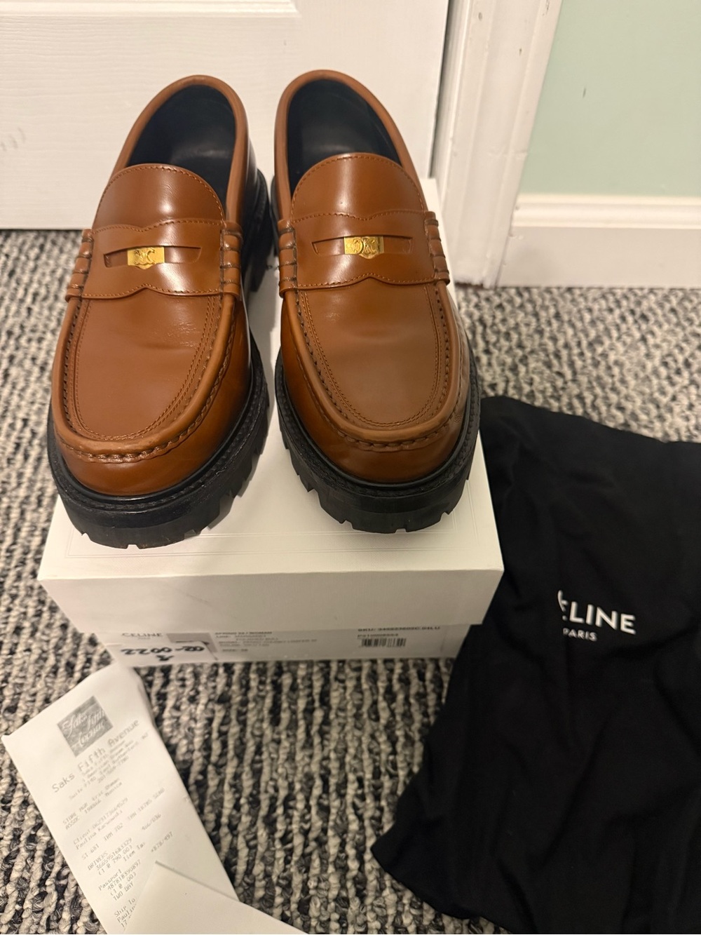 Celine Tan Leather Penny Loafers with Gold Thriomphe size 38 US 8 w/receipt - Picture 5 of 13